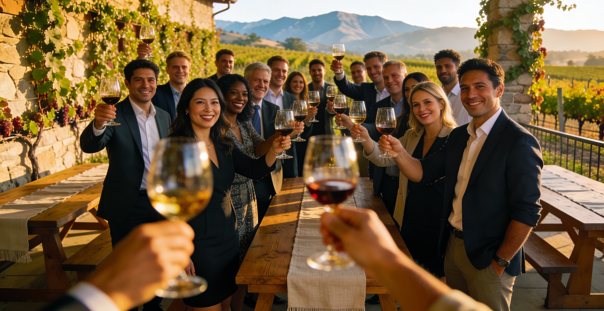 Corporate group toasting at a premium winery