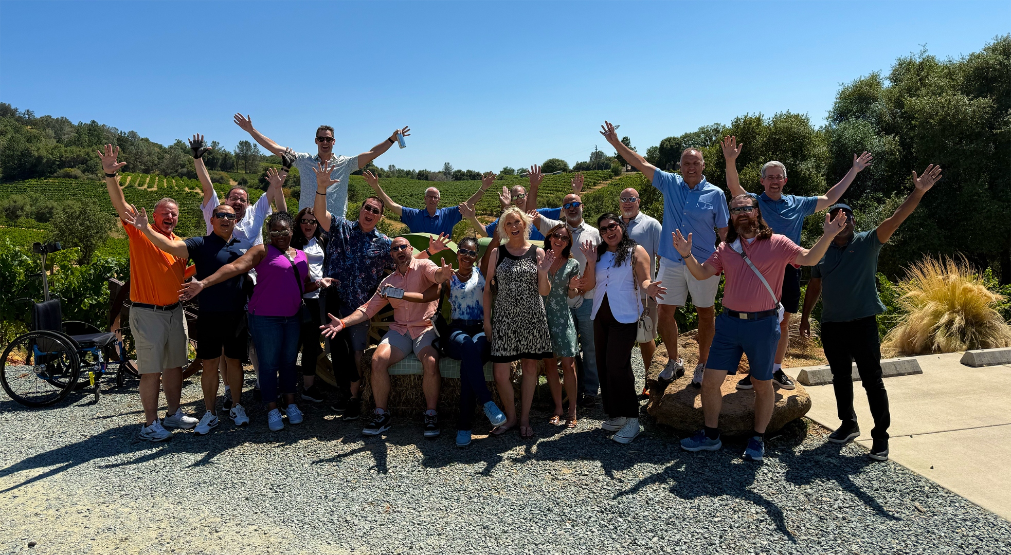 Large group celebrating at a vineyard