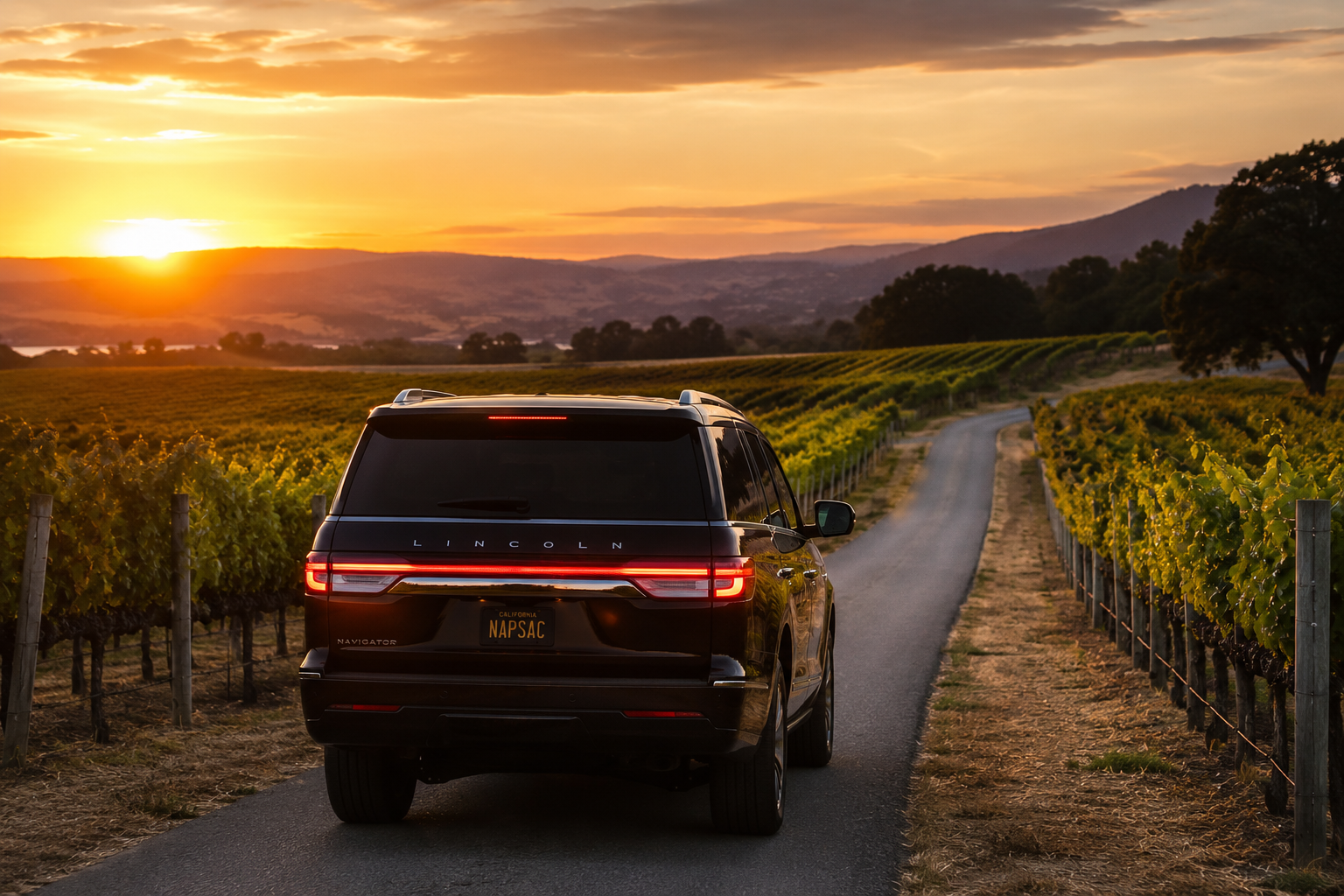 Lincoln Navigator driving home through vineyards at sunset after a Wine and Dine tour